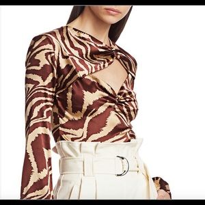 Ganni Silk Cutout Ruched Top with Brown pattern